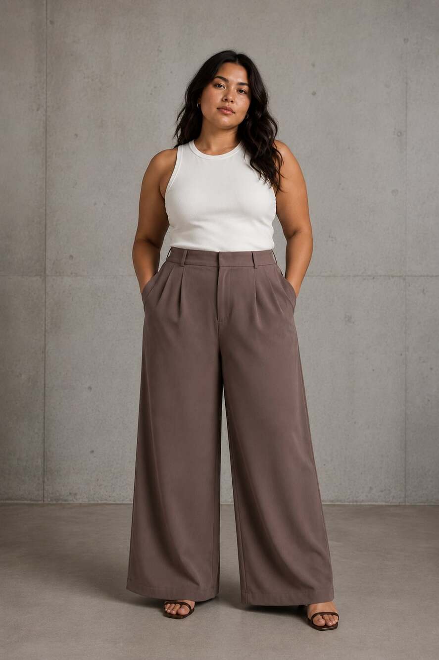 Wide-Leg High-Rise Pants in Taupe/Brown, Size L